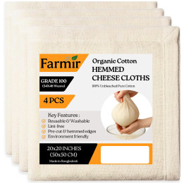 FARMIR Organic Cotton Hemmed Cheese Cloth 100 Grade 4 Pcs Pack 100% Unbleached Pure Cotton