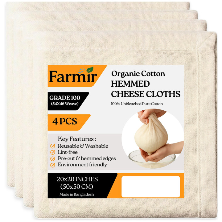FARMIR Organic Cotton Hemmed Cheese Cloth 100 Grade 4 Pcs Pack 100% Unbleached Pure Cotton