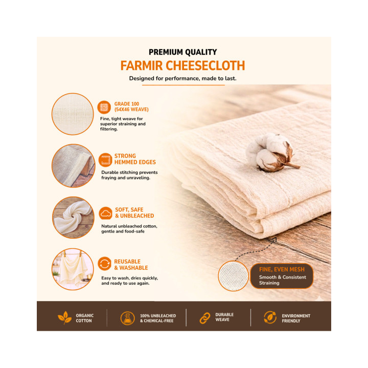 FARMIR Organic Cotton Hemmed Cheese Cloth 100 Grade 4 Pcs Pack 100% Unbleached Pure Cotton