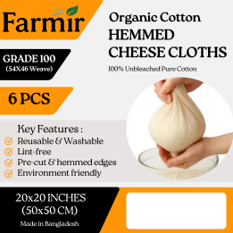 FARMIR Organic Cotton Hemmed Cheese Cloth 100 Grade 6 Pcs Pack 100% Unbleached Pure Cotton