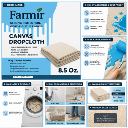 FARMIR Organic Cotton Hemmed 9 feet by 6 feet drop Cloth 100 Grade Unbleached Pure Cotton