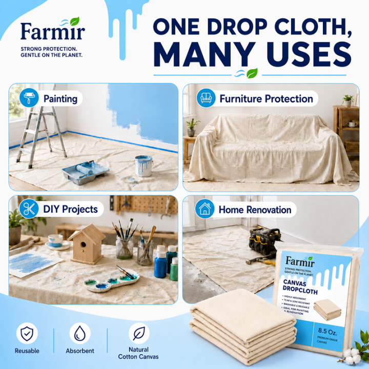 FARMIR Organic Cotton Hemmed 9 feet by 6 feet drop Cloth 100 Grade Unbleached Pure Cotton