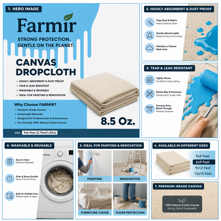 FARMIR Organic Cotton Hemmed 4 feet by 5 feet drop Cloth 100 Grade Unbleached Pure Cotton